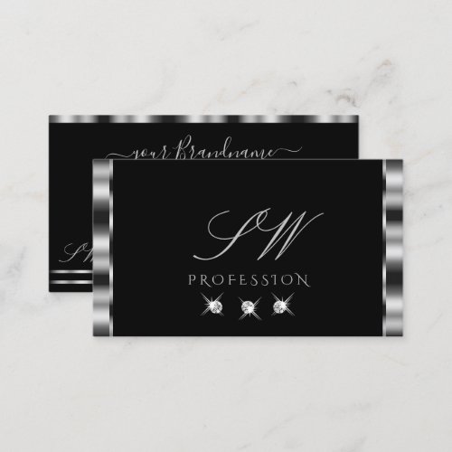 Elegant Silver Black Sparkling Diamonds Initials Business Card