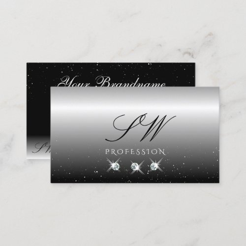 Elegant Silver Black Sparkling Diamonds Monogram Business Card