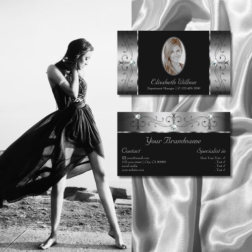 Elegant Silver Black Squiggled Jewels with Photo Business Card