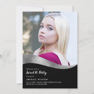 Elegant silver black sweet sixteen birthday party invitation