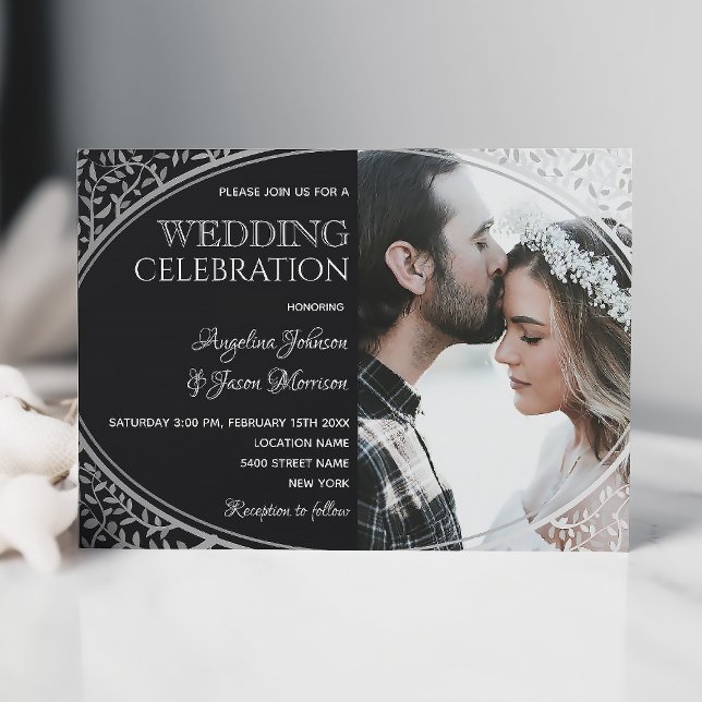 Elegant Silver Black Wedding Invitation with Photo (Creator Uploaded)