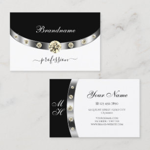 Elegant Silver Black White Monogram and Diamonds Business Card