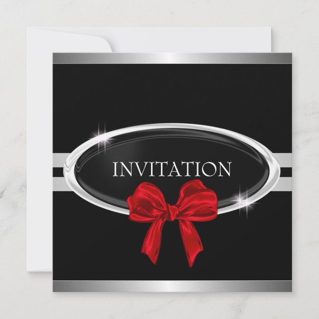 Elegant Silver Black & White Stars Red Bow Invitation (Front)