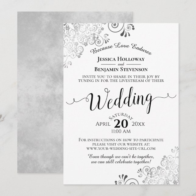 Elegant Silver, Black & White Wedding Livestream Invitation (Front/Back)