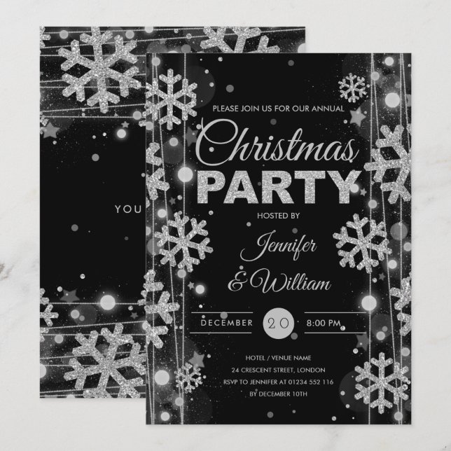 Elegant Silver Black Winter Glam Christmas Party Invitation (Front/Back)