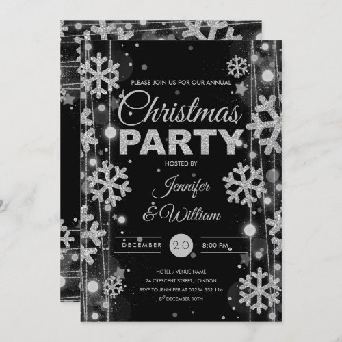 Elegant Silver Black Winter Glam Christmas Party Invitation