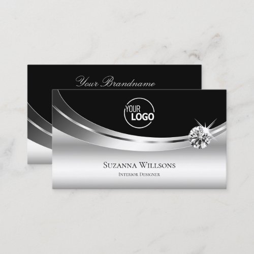 Elegant Silver Black with Logo and Sparkle Diamond Business Card
