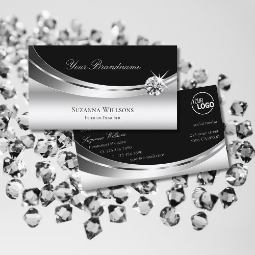 Elegant Silver Black with Logo Sparkling Diamond Business Card