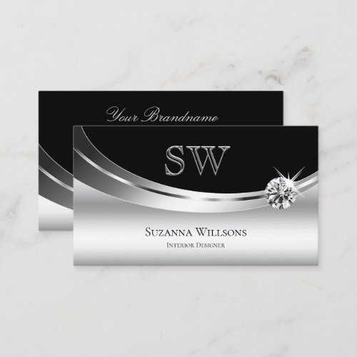Elegant Silver Black with Monogram Sparkle Diamond Business Card