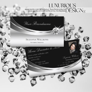 Elegant Silver Black with Photo & Sparkle Diamond Business Card