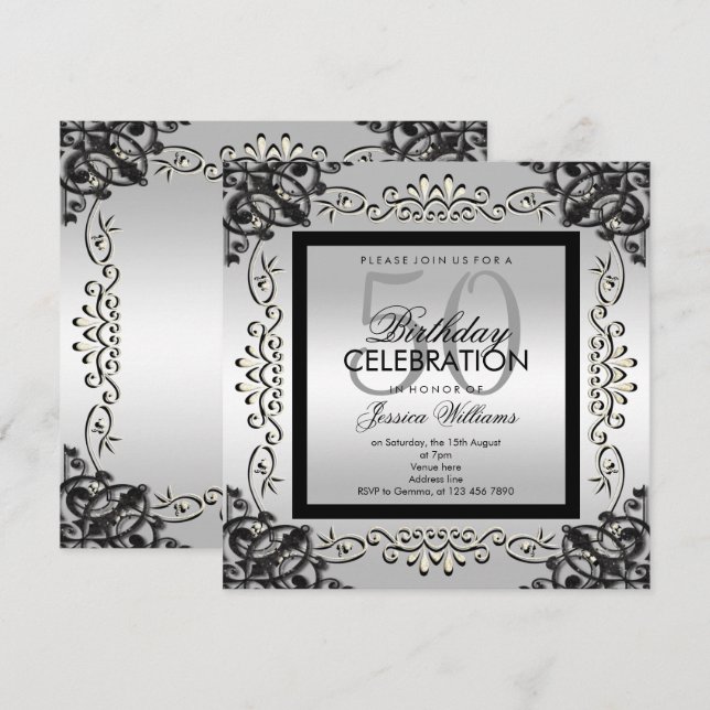 Elegant Silver & Black Women's 50th Birthday Invitation (Front/Back)