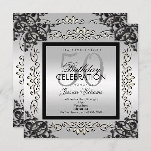Elegant Silver  Black Womens 50th Birthday Invitation