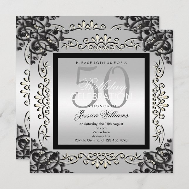 Elegant Silver & Black Women's 50th Birthday Invitation (Front/Back)