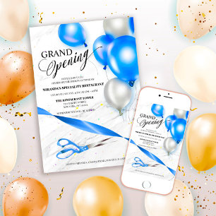 Elegant Silver Blue Balloons Grand Opening Invitation