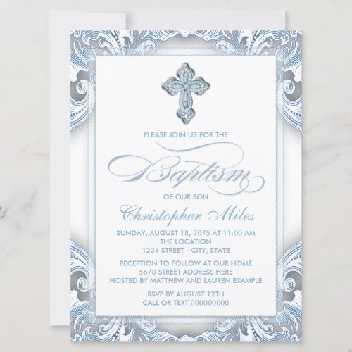 Elegant Silver Blue Baptism Invitation