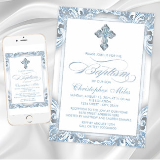 Elegant Silver Blue Baptism Invitation