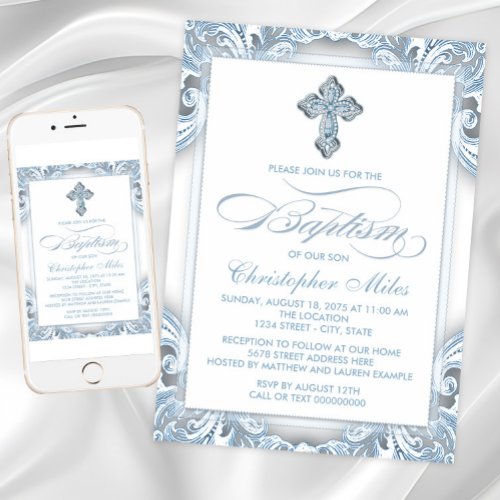 Elegant Silver Blue Baptism Invitation