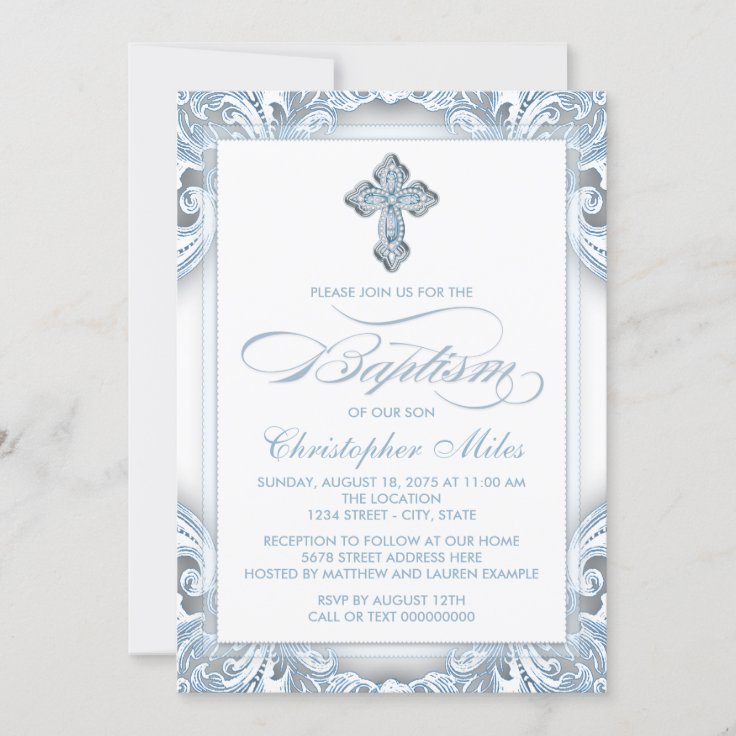 Elegant Silver Blue Baptism Invitation | Zazzle