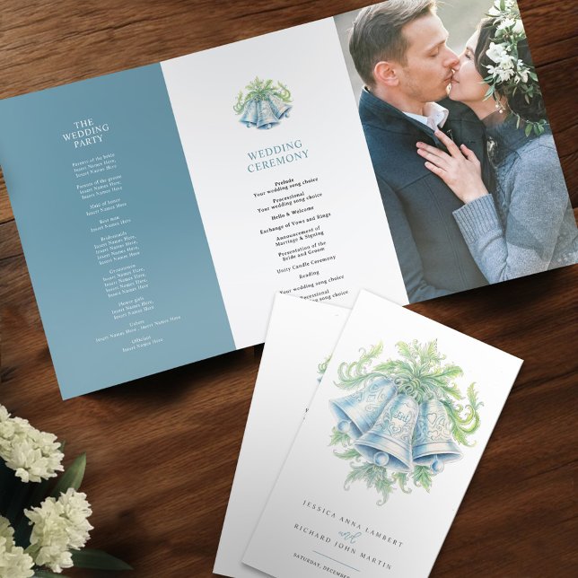 Elegant silver blue bells Monogram wedding program Brochure (Creator Uploaded)