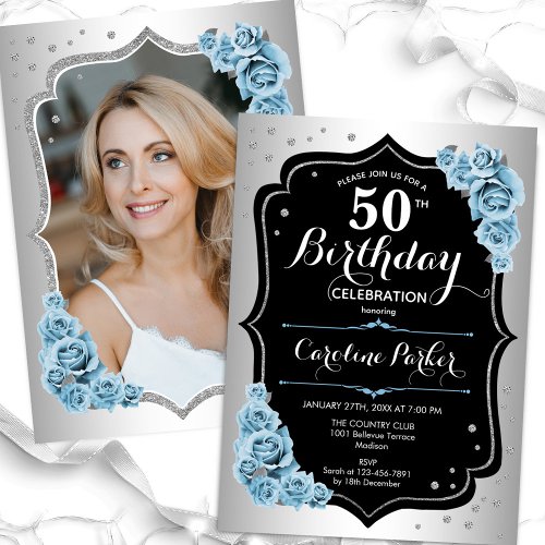 Elegant Silver Blue Black Photo 50th Birthday Invitation