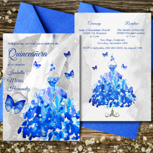 Elegant Silver & Blue Butterflies Quinceañera Invitation