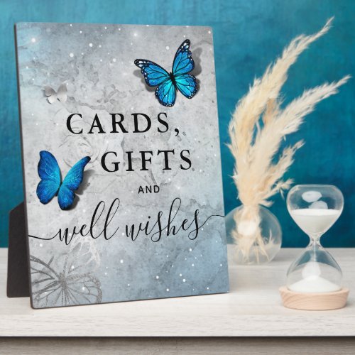 Elegant Silver Blue Butterfly Cards and Gifts Sign Plaque