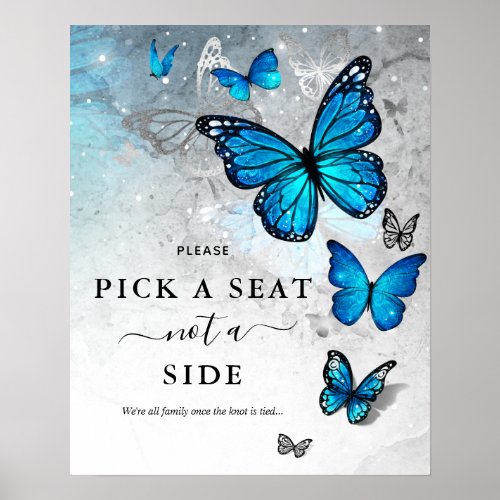Elegant Silver Blue Butterfly Pick a Seat Wedding  Poster