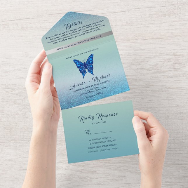 Elegant Silver Blue Butterfly Wedding  All In One Invitation (Tearaway)