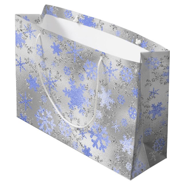 Elegant Silver Blue Christmas Snowflake Pattern Large Gift Bag (Back Angled)