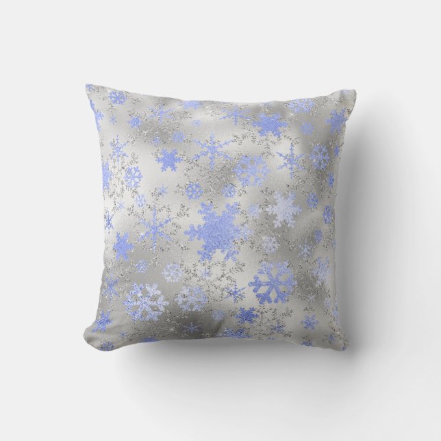 Elegant Silver Blue Christmas Snowflake Pattern Throw Pillow (Front)