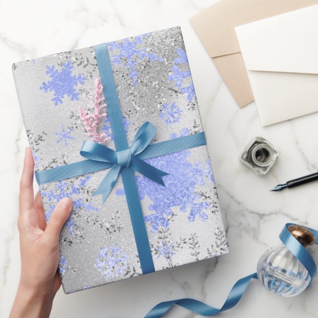 Elegant Silver Blue Christmas Snowflake Pattern Wrapping Paper (Gifting)