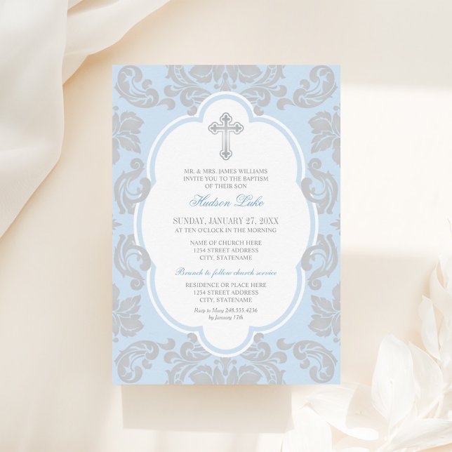 Elegant Silver Blue Damask Baby Boy Baptism Invitation (Creator Uploaded)
