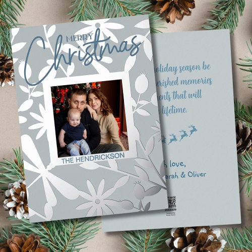 Elegant Silver Blue Floral Frame Christmas Photo Foil Holiday Card