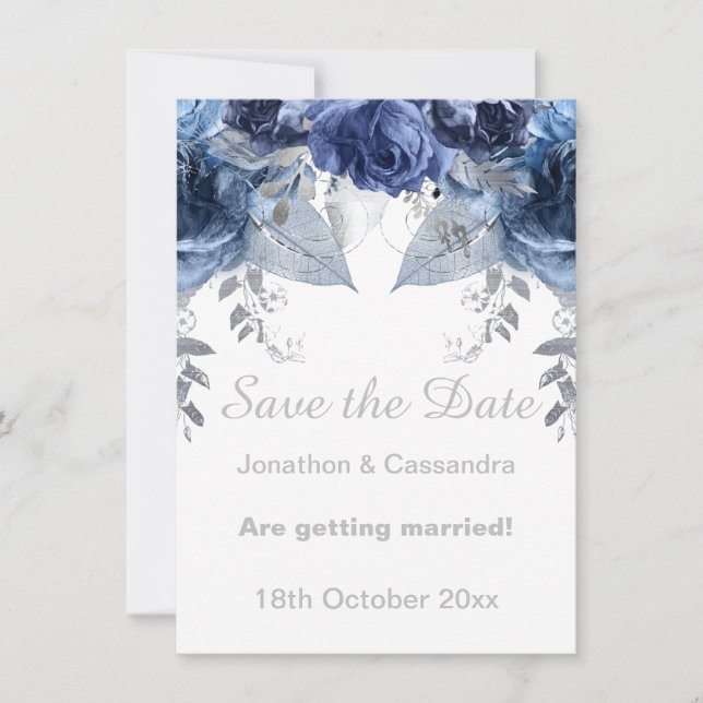 ELEGANT SILVER BLUE FLORAL SAVE THE DATE (Front)