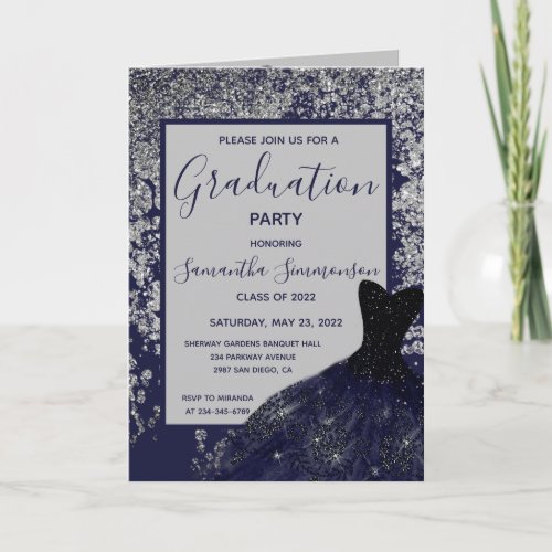 Elegant Silver Blue Glitter Dress Grad Photo Invit Card