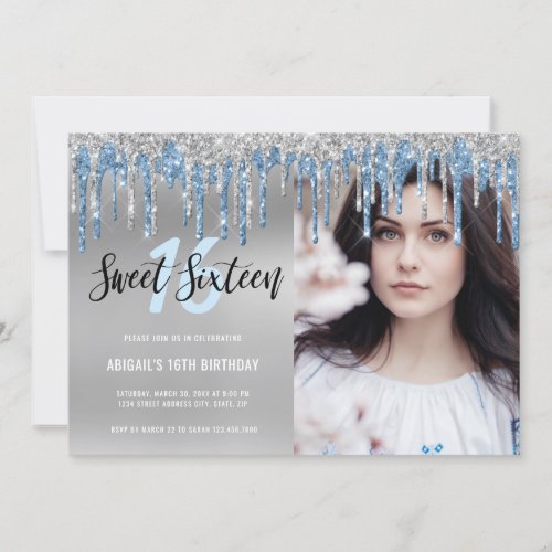 Elegant silver blue glitter drips sweet sixteen  invitation