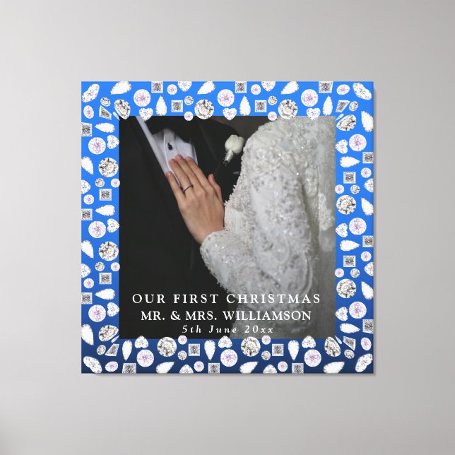 Elegant Silver Blue Heart Diamond First Christmas Canvas Print (Front)