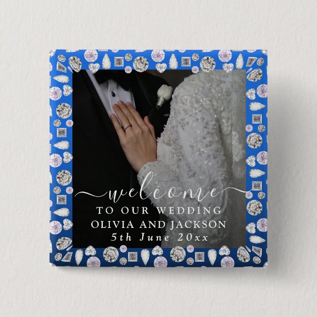 Elegant Silver Blue Heart Diamond Glitter Wedding  Button (Front)