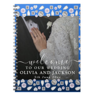 Elegant Silver Blue Heart Diamond Glitter Wedding Notebook