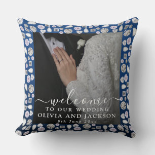 Elegant Silver Blue Heart Diamond Glitter Wedding Throw Pillow