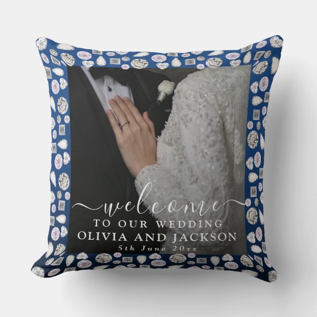 Elegant Silver Blue Heart Diamond Glitter Wedding  Throw Pillow (Front)