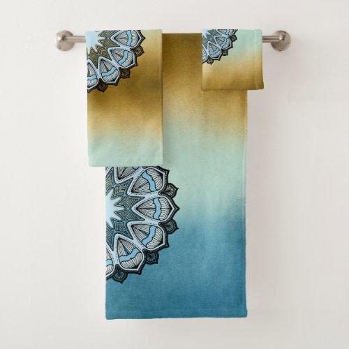 Elegant Silver Blue Mandala  Bath Towel Set
