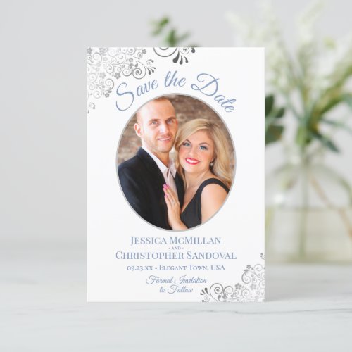 Elegant Silver  Blue on White Photo Wedding Save The Date