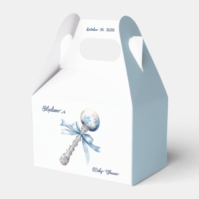 Elegant Silver Blue Rattle Bow Baby Shower Favor Boxes (Front Side)