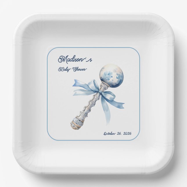 Elegant Silver Blue Rattle Bow Baby Shower Paper Plates (Front)