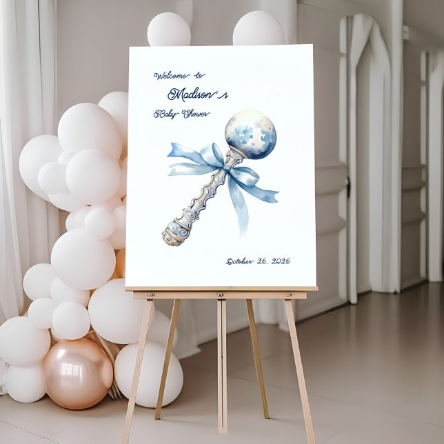 Elegant Silver Blue Rattle Bow Baby Shower Welcome Foam Board (Creator Uploaded)