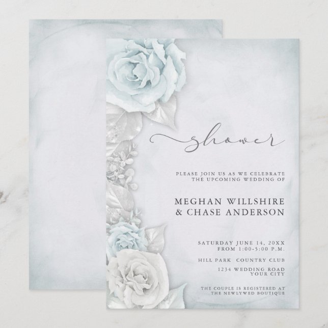 Elegant Silver Blue Roses Wedding Shower Invitation (Front/Back)