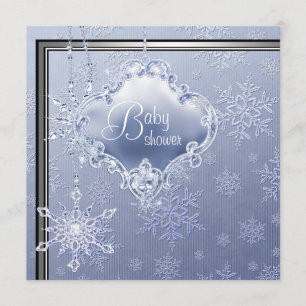 Elegant Silver Blue Snowflake Baby Boy Shower Invitation