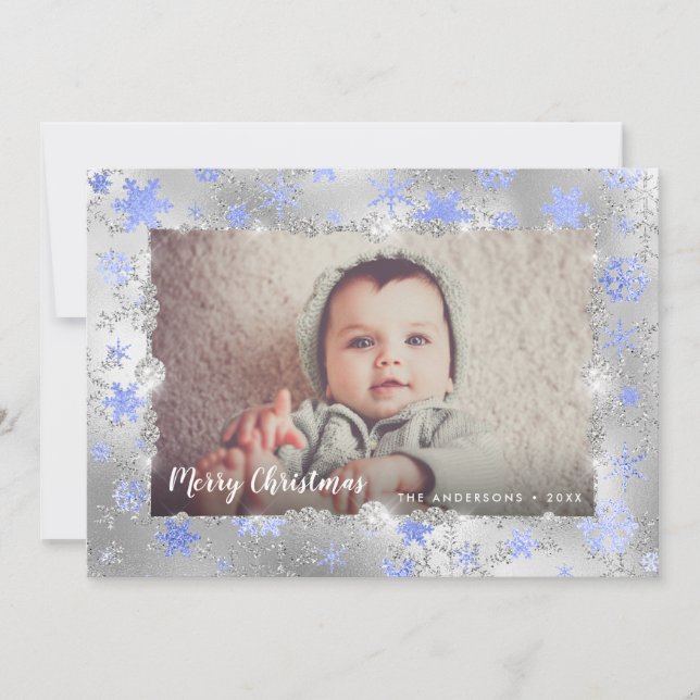 Elegant silver blue snowflakes custom photo holiday card (Front)