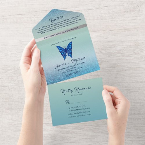 Elegant Silver Blue Wedding All In One Invitation